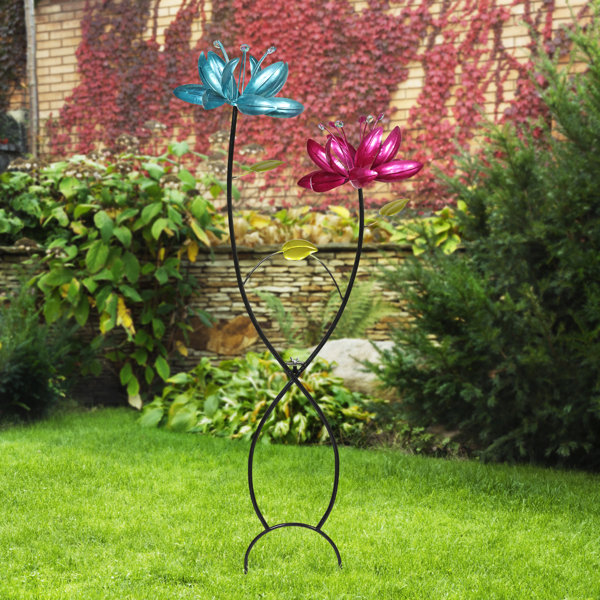 Exhart Flower Wind Spinner Garden Stake with Two Metallic Flowers, 20